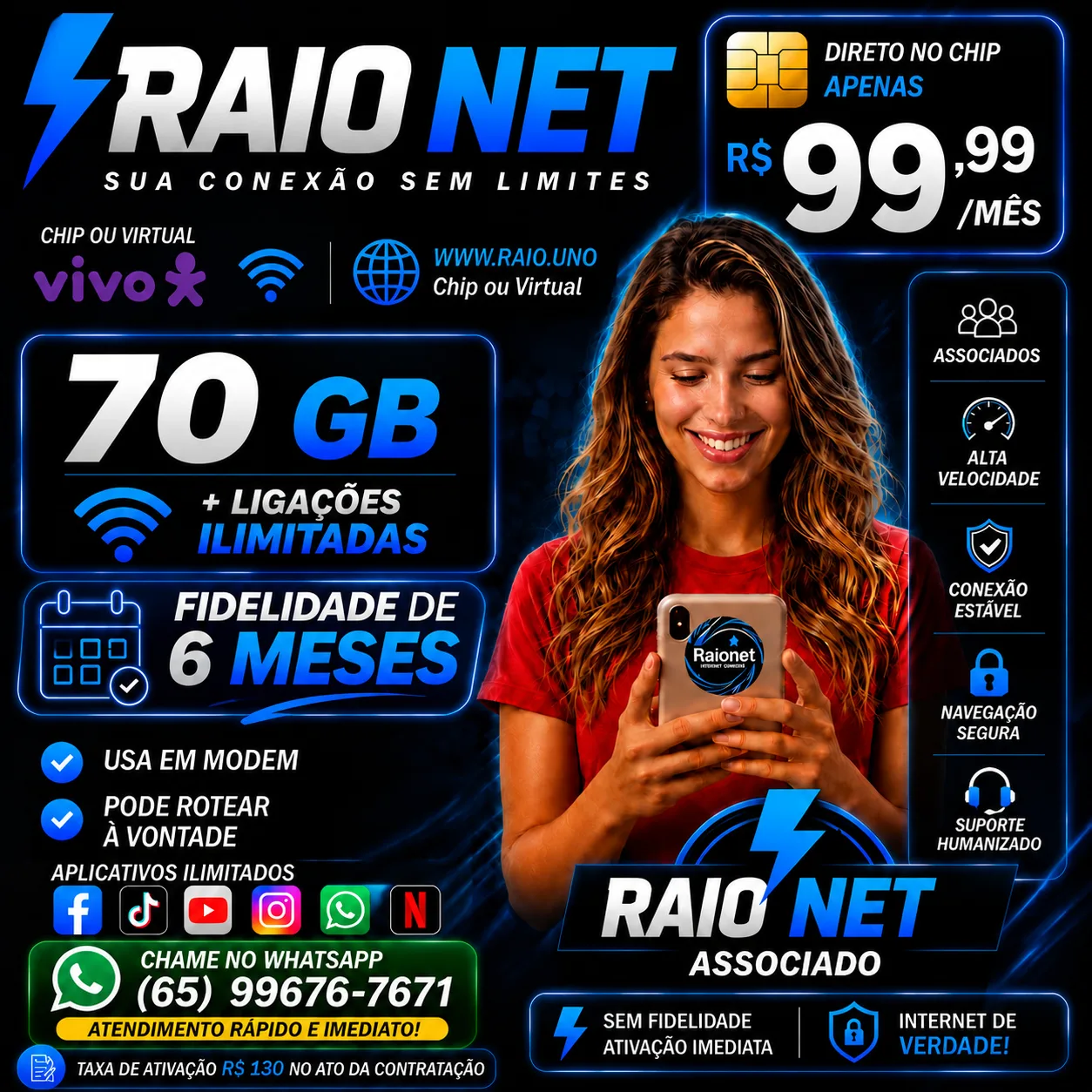 Arte da RAIO NET com chip ou virtual: 70 GB com ligações ilimitadas, fidelidade de 6 meses, uso em modem, roteamento à vontade, aplicativos ilimitados, ativação imediata e taxa de ativação